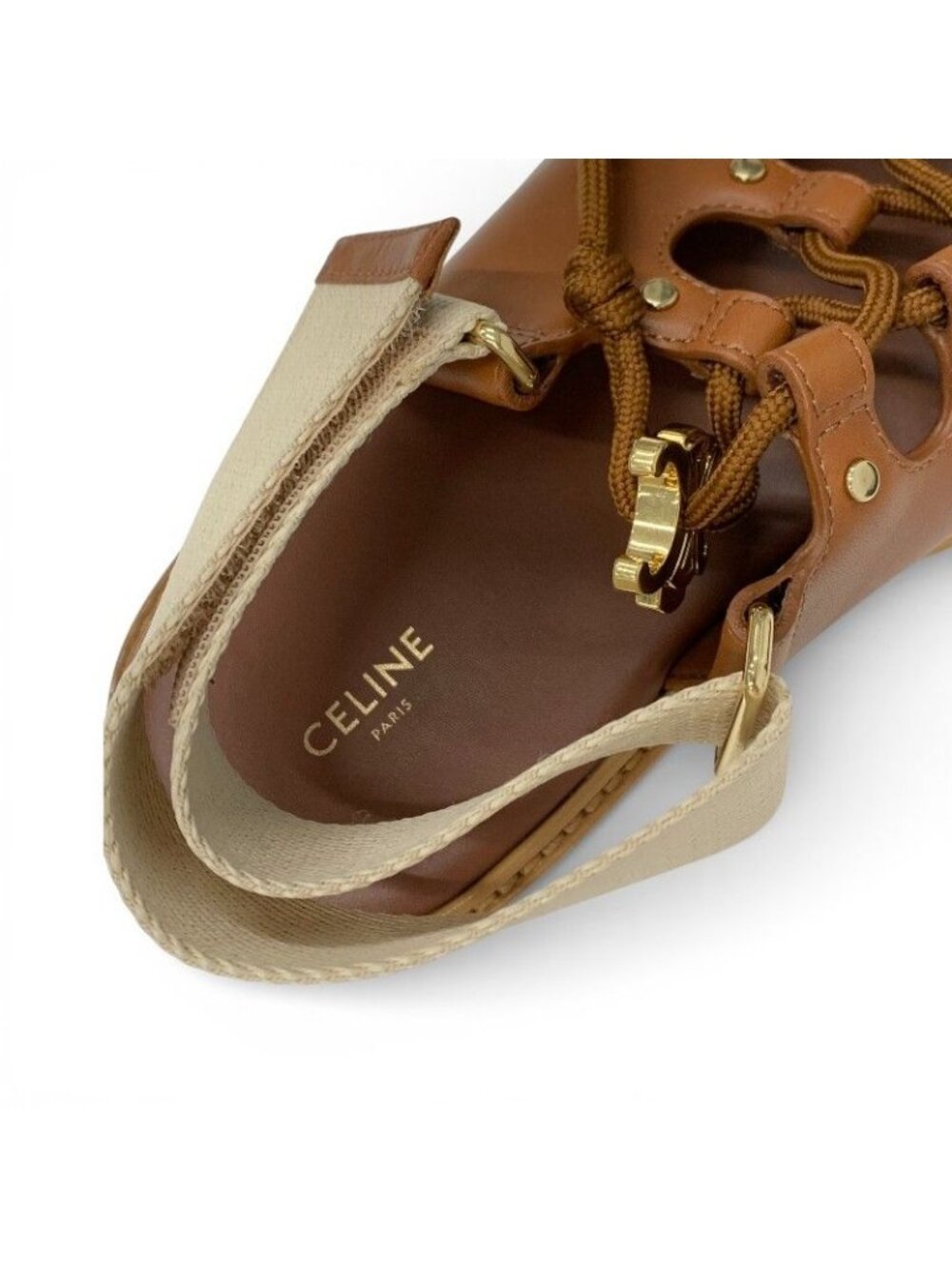 Celine Sandals Shoes Leather Canvas Brown Beige Gold Platform Strap Lace Up - Picture 7 of 9